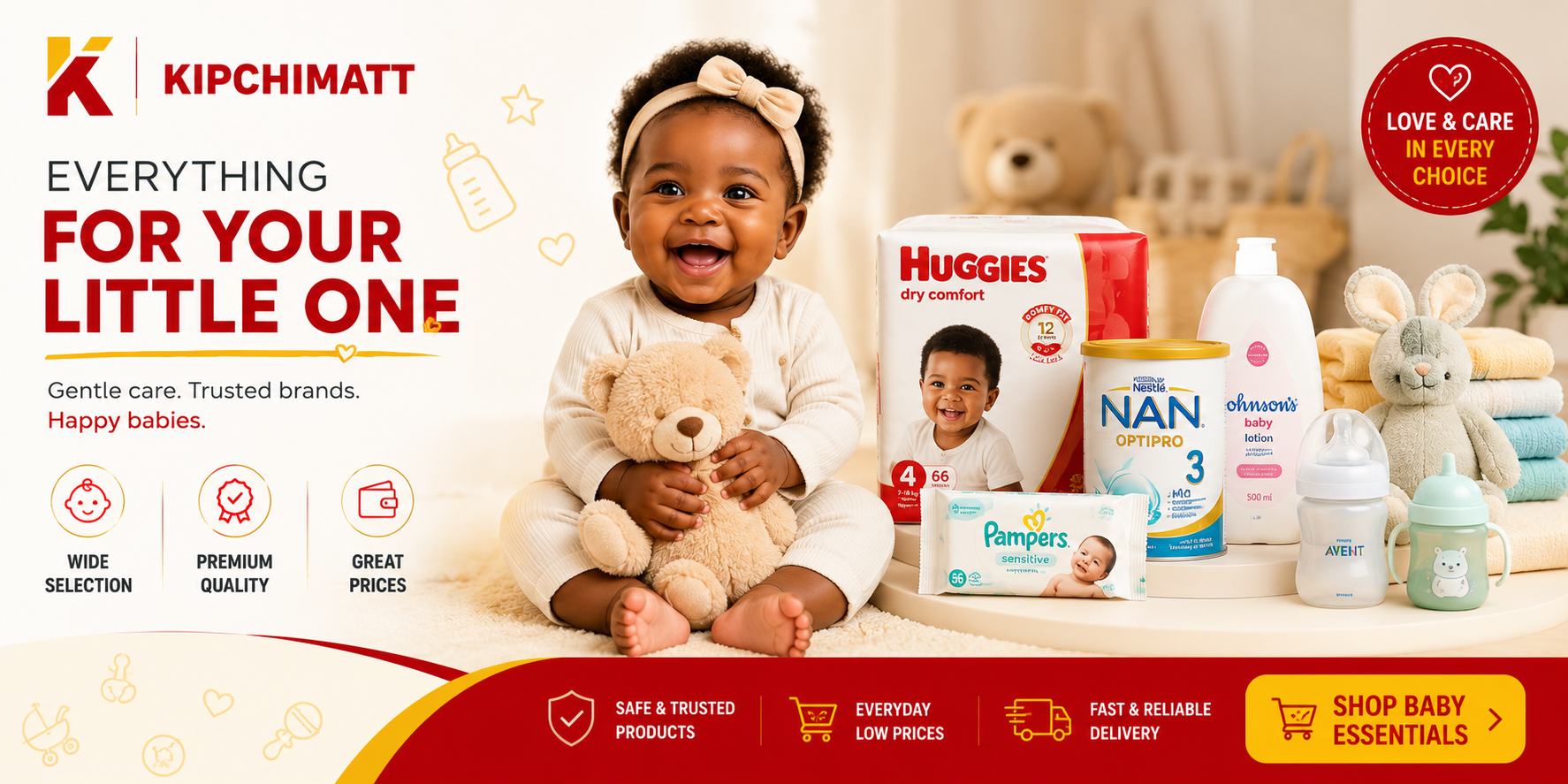 Kipchimatt baby essentials banner with trusted brands for little ones